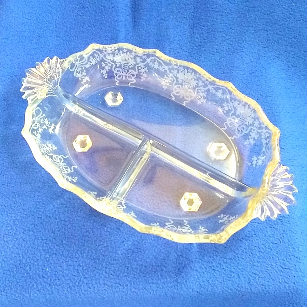 Fostoria Glass Baroque Corsage Etched Relish Dish
